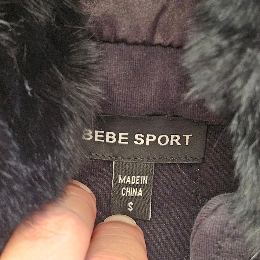 Bebe Sport Y2K Quilted Bomber Jacket Faux Fur Hood Pom Poms Black Womens Small - Picture 6 of 14